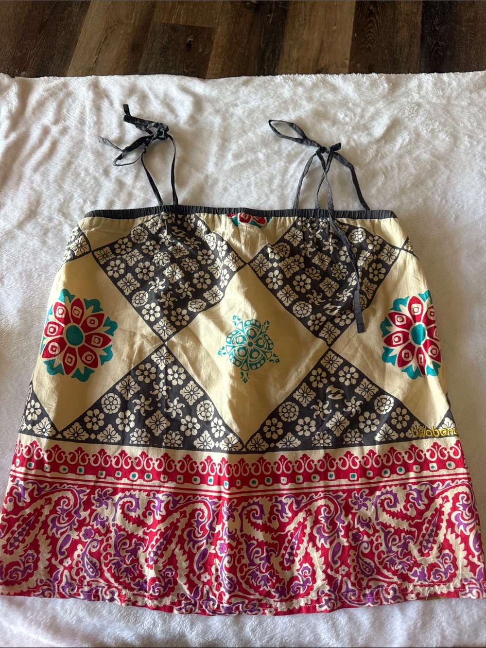 Billabong Beige Floral Patchwork Tie-Strap Tank Top with Red and Teal Accents